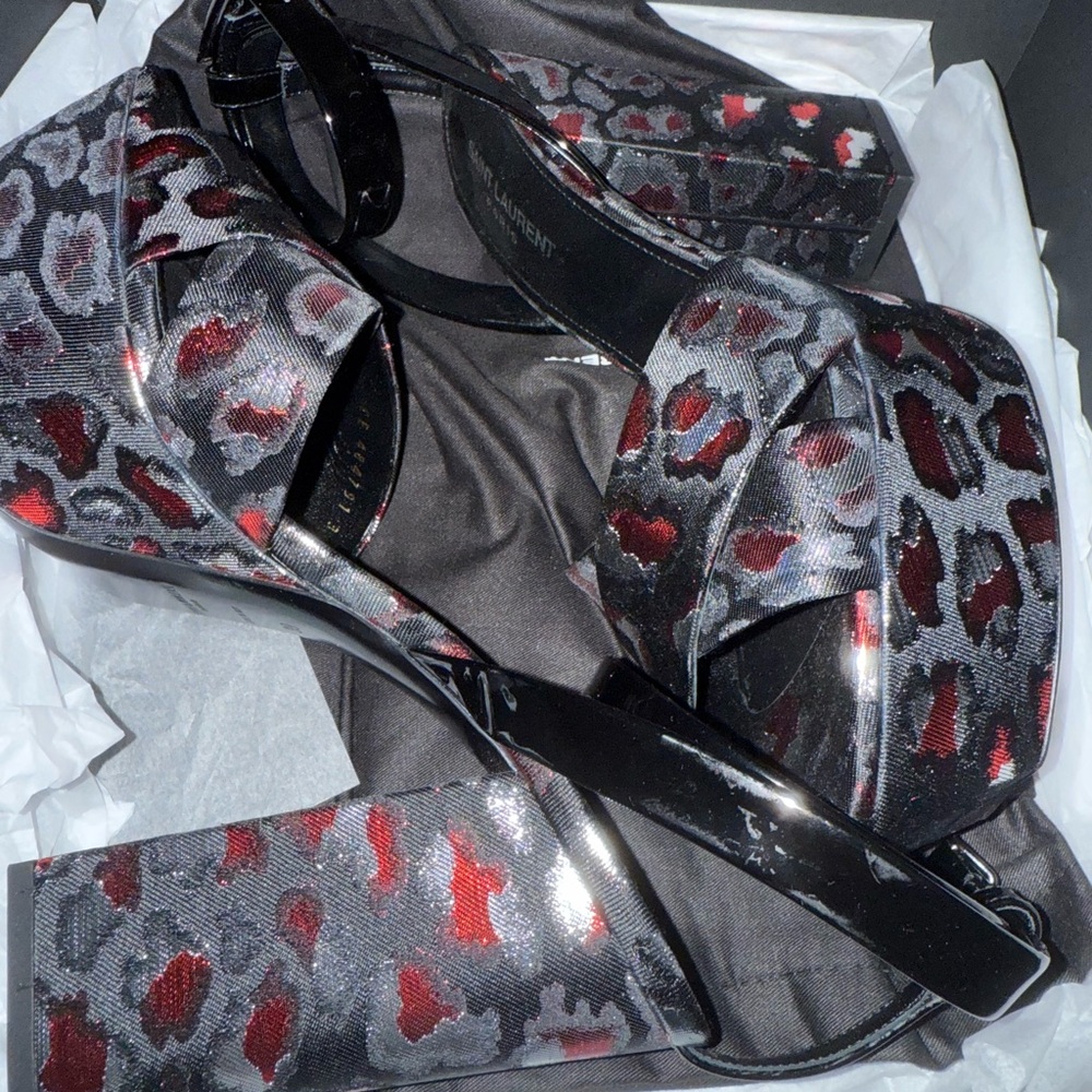 Saint Laurent Black and Red Patterned Platform Heels - Picture 9 of 11